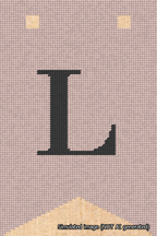 A simulated image of the stitched needlepoint design: Banner 18m Forked L Black on Pink. Not A.I. generated.