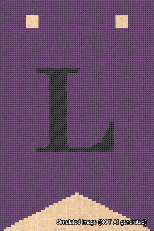 A simulated image of the stitched needlepoint design: Banner 18m Forked L Black on Purple. Not A.I. generated.