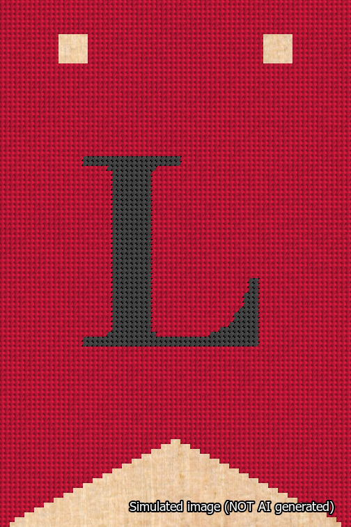 A simulated image of the stitched needlepoint design: Banner 18m Forked L Black on Red. Not A.I. generated.