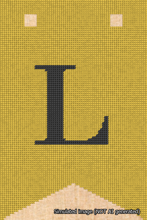 A simulated image of the stitched needlepoint design: Banner 18m Forked L Black on Yellow. Not A.I. generated.