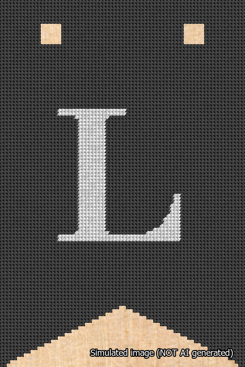 A simulated image of the stitched needlepoint design: Banner 18m Forked L White on Black. Not A.I. generated.