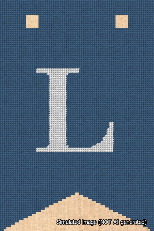 A simulated image of the stitched needlepoint design: Banner 18m Forked L White on Blue. Not A.I. generated.
