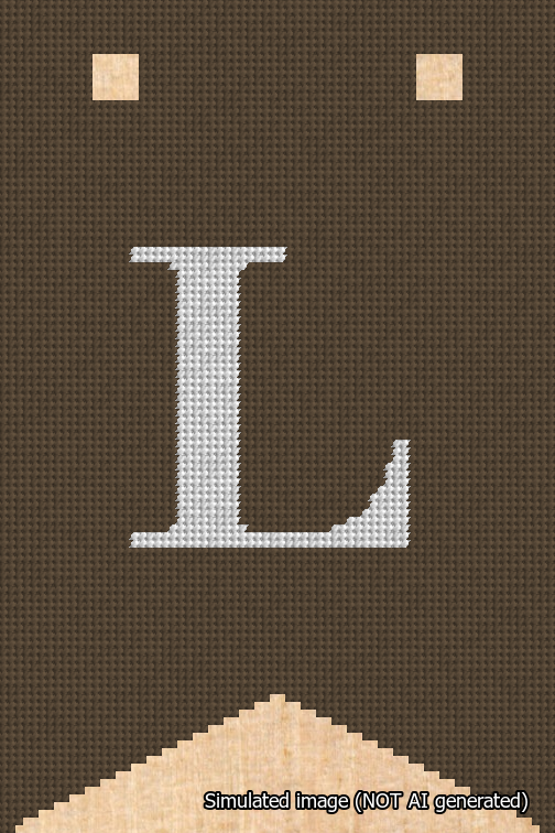 A simulated image of the stitched needlepoint design: Banner 18m Forked L White on Brown. Not A.I. generated.
