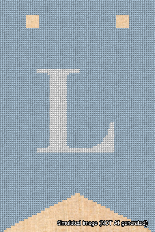 A simulated image of the stitched needlepoint design: Banner 18m Forked L White on Light Blue. Not A.I. generated.