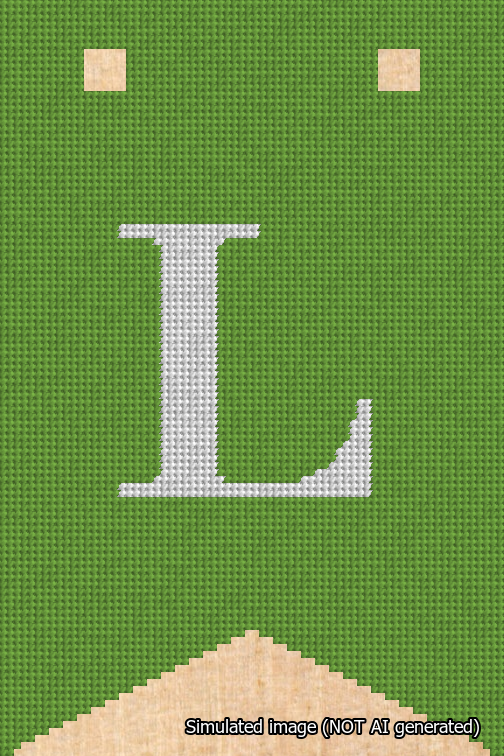 A simulated image of the stitched needlepoint design: Banner 18m Forked L White on Light Green. Not A.I. generated.
