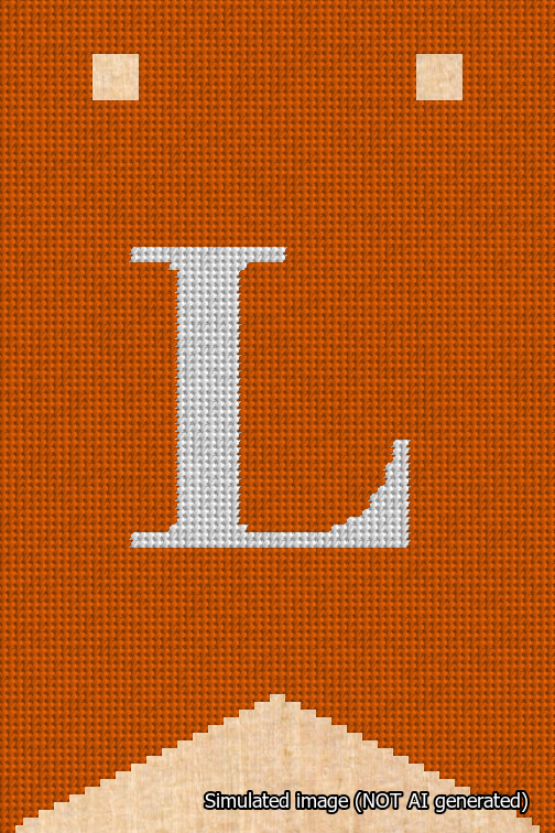 A simulated image of the stitched needlepoint design: Banner 18m Forked L White on Orange. Not A.I. generated.