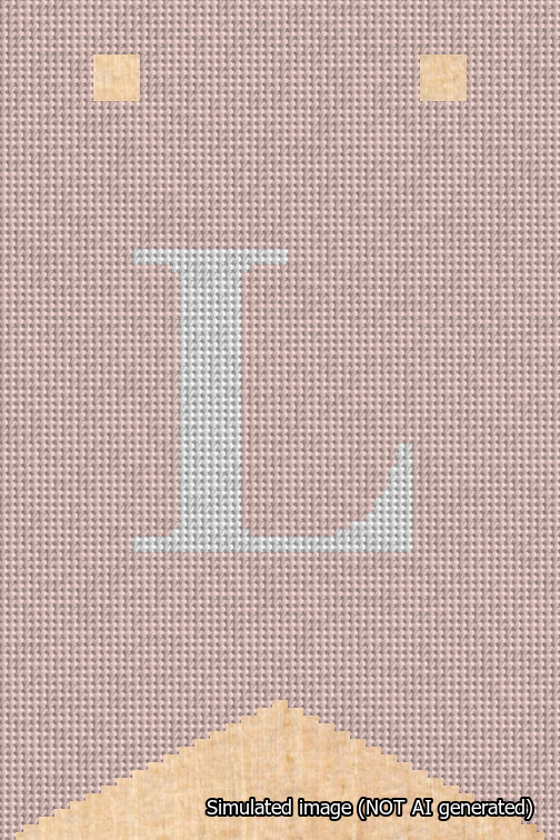 A simulated image of the stitched needlepoint design: Banner 18m Forked L White on Pink. Not A.I. generated.