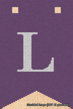 A simulated image of the stitched needlepoint design: Banner 18m Forked L White on Purple. Not A.I. generated.