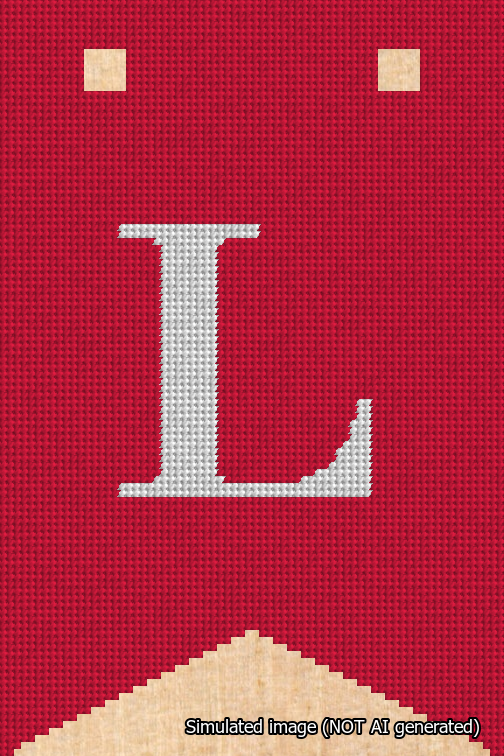 A simulated image of the stitched needlepoint design: Banner 18m Forked L White on Red. Not A.I. generated.
