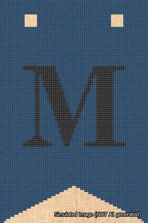 A simulated image of the stitched needlepoint design: Banner 18m Forked M Black on Blue. Not A.I. generated.