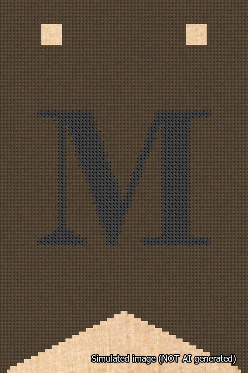 A simulated image of the stitched needlepoint design: Banner 18m Forked M Black on Brown. Not A.I. generated.