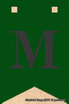 A simulated image of the stitched needlepoint design: Banner 18m Forked M Black on Green. Not A.I. generated.