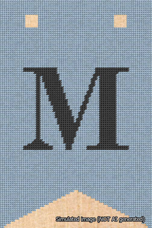 A simulated image of the stitched needlepoint design: Banner 18m Forked M Black on Light Blue. Not A.I. generated.