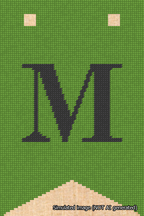 A simulated image of the stitched needlepoint design: Banner 18m Forked M Black on Light Green. Not A.I. generated.