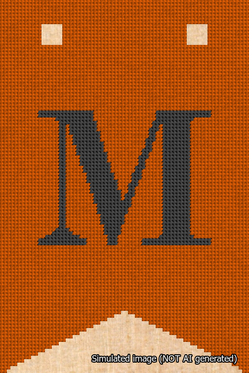 A simulated image of the stitched needlepoint design: Banner 18m Forked M Black on Orange. Not A.I. generated.