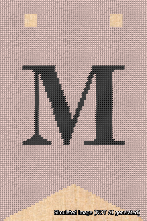 A simulated image of the stitched needlepoint design: Banner 18m Forked M Black on Pink. Not A.I. generated.