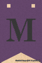 A simulated image of the stitched needlepoint design: Banner 18m Forked M Black on Purple. Not A.I. generated.