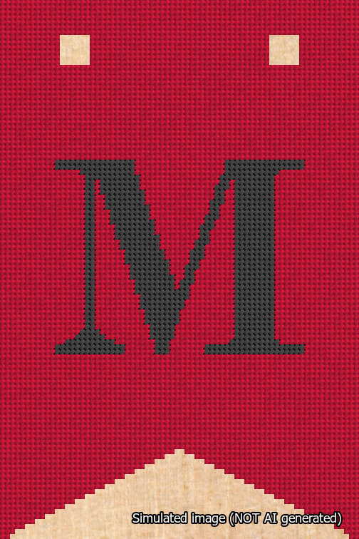 A simulated image of the stitched needlepoint design: Banner 18m Forked M Black on Red. Not A.I. generated.