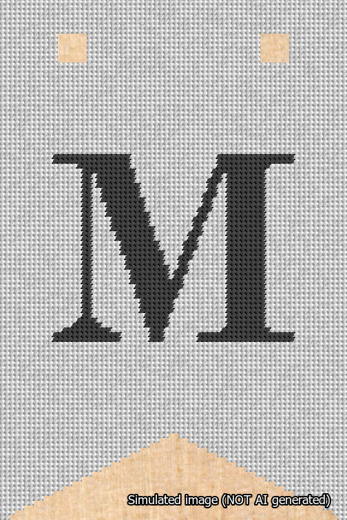 A simulated image of the stitched needlepoint design: Banner 18m Forked M Black on White. Not A.I. generated.