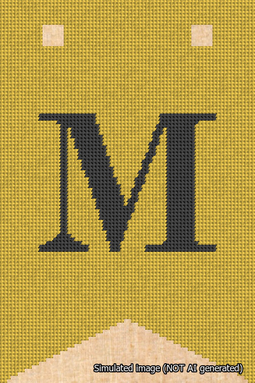 A simulated image of the stitched needlepoint design: Banner 18m Forked M Black on Yellow. Not A.I. generated.