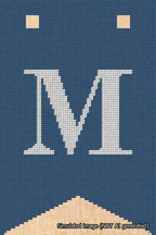 A simulated image of the stitched needlepoint design: Banner 18m Forked M White on Blue. Not A.I. generated.