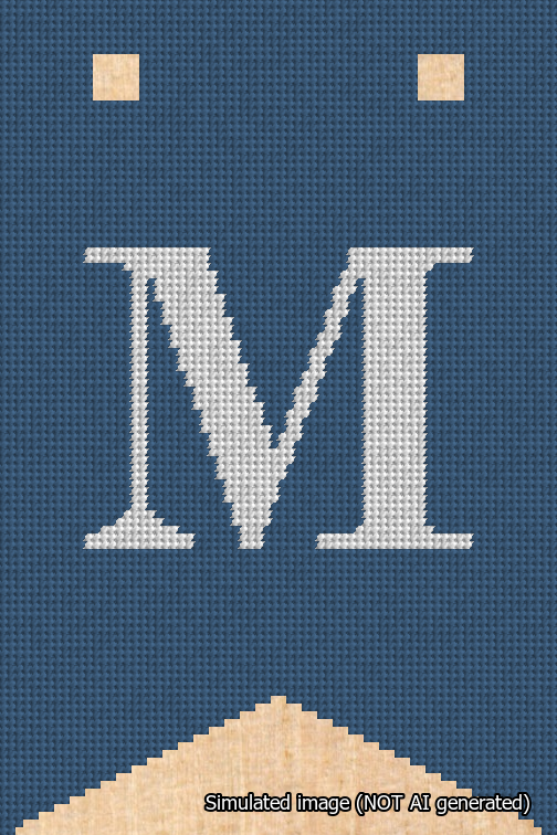 A simulated image of the stitched needlepoint design: Banner 18m Forked M White on Blue. Not A.I. generated.