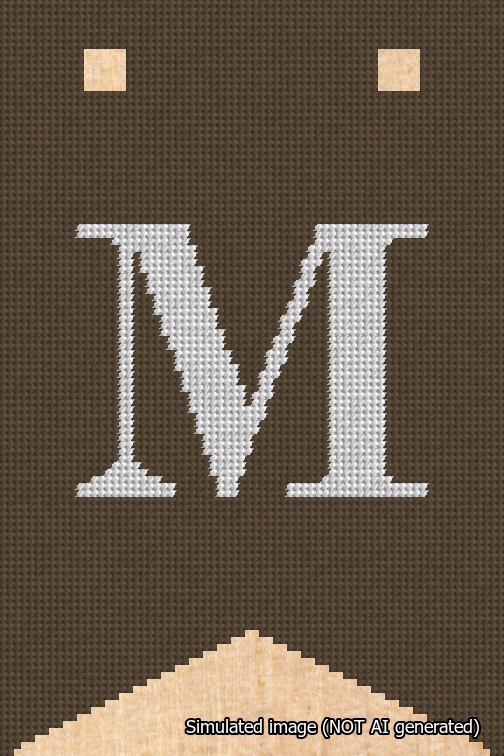 A simulated image of the stitched needlepoint design: Banner 18m Forked M White on Brown. Not A.I. generated.