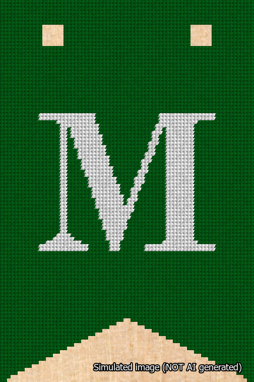 A simulated image of the stitched needlepoint design: Banner 18m Forked M White on Green. Not A.I. generated.
