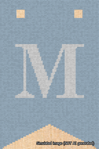 A simulated image of the stitched needlepoint design: Banner 18m Forked M White on Light Blue. Not A.I. generated.