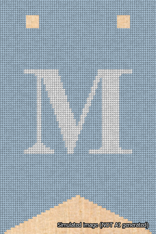 A simulated image of the stitched needlepoint design: Banner 18m Forked M White on Light Blue. Not A.I. generated.