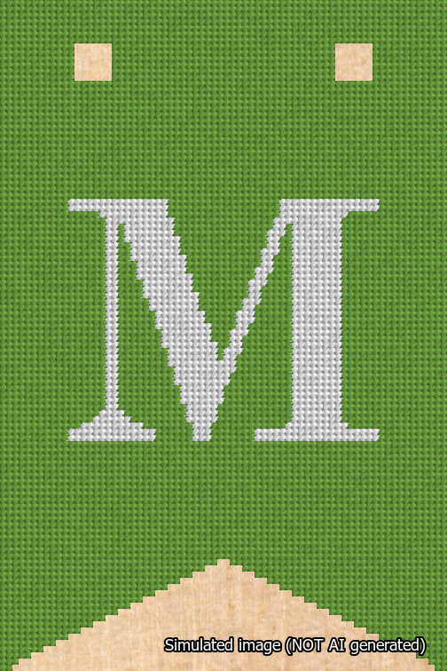 A simulated image of the stitched needlepoint design: Banner 18m Forked M White on Light Green. Not A.I. generated.