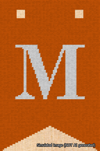 A simulated image of the stitched needlepoint design: Banner 18m Forked M White on Orange. Not A.I. generated.