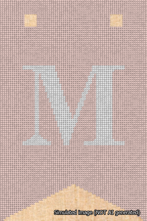 A simulated image of the stitched needlepoint design: Banner 18m Forked M White on Pink. Not A.I. generated.
