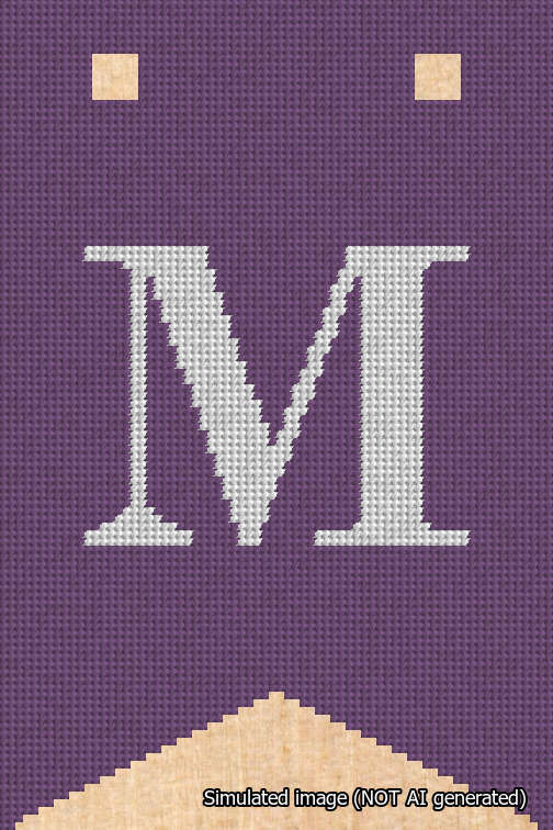 A simulated image of the stitched needlepoint design: Banner 18m Forked M White on Purple. Not A.I. generated.