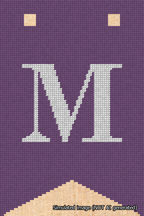 A simulated image of the stitched needlepoint design: Banner 18m Forked M White on Purple. Not A.I. generated.