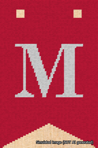 A simulated image of the stitched needlepoint design: Banner 18m Forked M White on Red. Not A.I. generated.