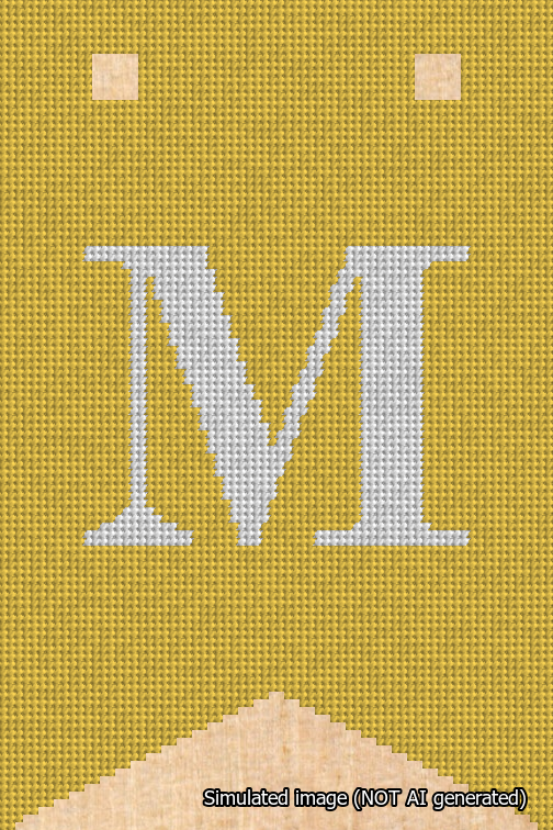 A simulated image of the stitched needlepoint design: Banner 18m Forked M White on Yellow. Not A.I. generated.