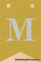 A simulated image of the stitched needlepoint design: Banner 18m Forked M White on Yellow. Not A.I. generated.