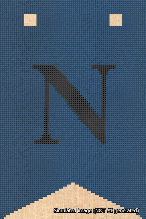 A simulated image of the stitched needlepoint design: Banner 18m Forked N Black on Blue. Not A.I. generated.