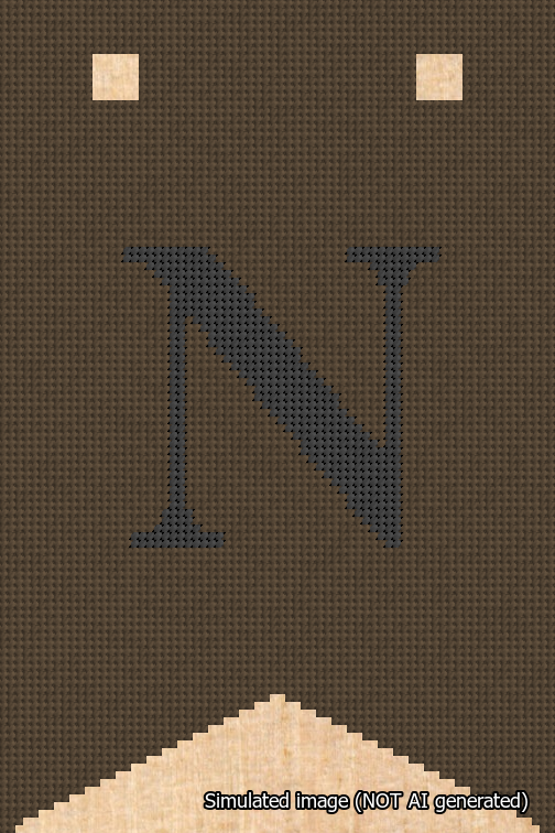 A simulated image of the stitched needlepoint design: Banner 18m Forked N Black on Brown. Not A.I. generated.