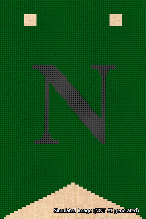 A simulated image of the stitched needlepoint design: Banner 18m Forked N Black on Green. Not A.I. generated.