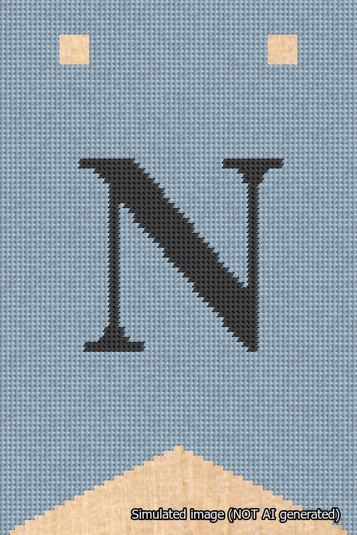A simulated image of the stitched needlepoint design: Banner 18m Forked N Black on Light Blue. Not A.I. generated.