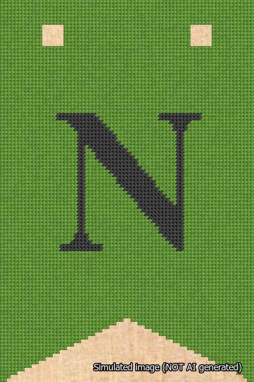 A simulated image of the stitched needlepoint design: Banner 18m Forked N Black on Light Green. Not A.I. generated.