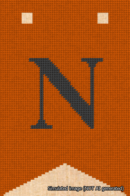 A simulated image of the stitched needlepoint design: Banner 18m Forked N Black on Orange. Not A.I. generated.