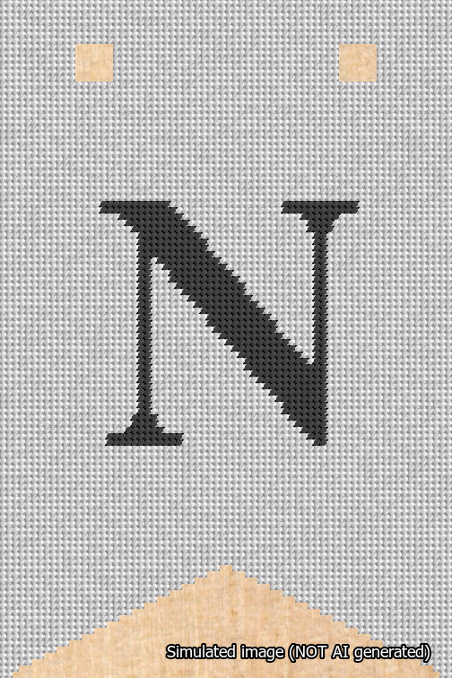 A simulated image of the stitched needlepoint design: Banner 18m Forked N Black on White. Not A.I. generated.