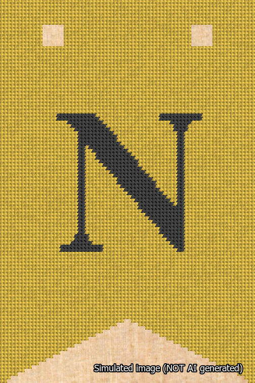 A simulated image of the stitched needlepoint design: Banner 18m Forked N Black on Yellow. Not A.I. generated.