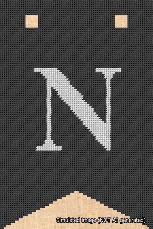 A simulated image of the stitched needlepoint design: Banner 18m Forked N White on Black. Not A.I. generated.