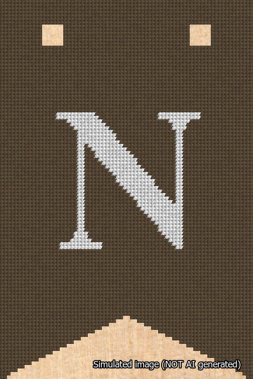 A simulated image of the stitched needlepoint design: Banner 18m Forked N White on Brown. Not A.I. generated.