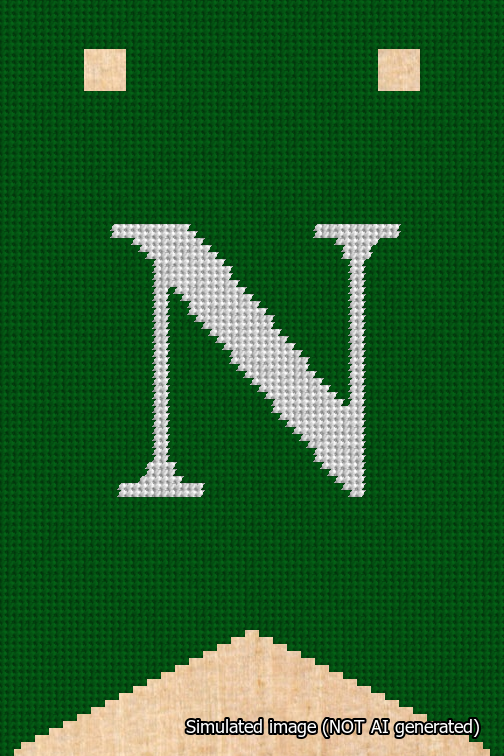 A simulated image of the stitched needlepoint design: Banner 18m Forked N White on Green. Not A.I. generated.