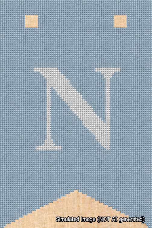 A simulated image of the stitched needlepoint design: Banner 18m Forked N White on Light Blue. Not A.I. generated.